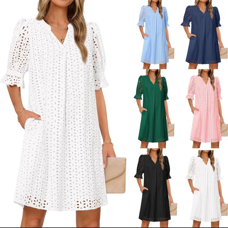 Damen luftiges Sommerkleid mit romantischem Lochmuster und praktischen Taschen Drune