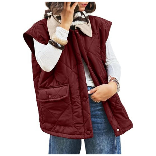 Damen Oversize Steppweste mit Druckknopf-Taschen und hohem Kragen Drune