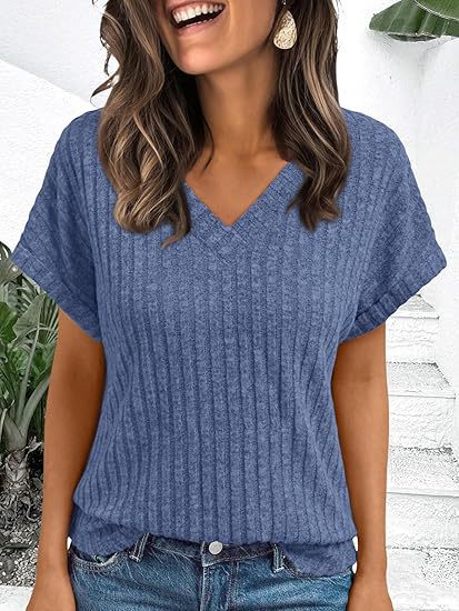 Damen lässiges V-Ausschnitt T-Shirt mit Streifenstruktur Drune