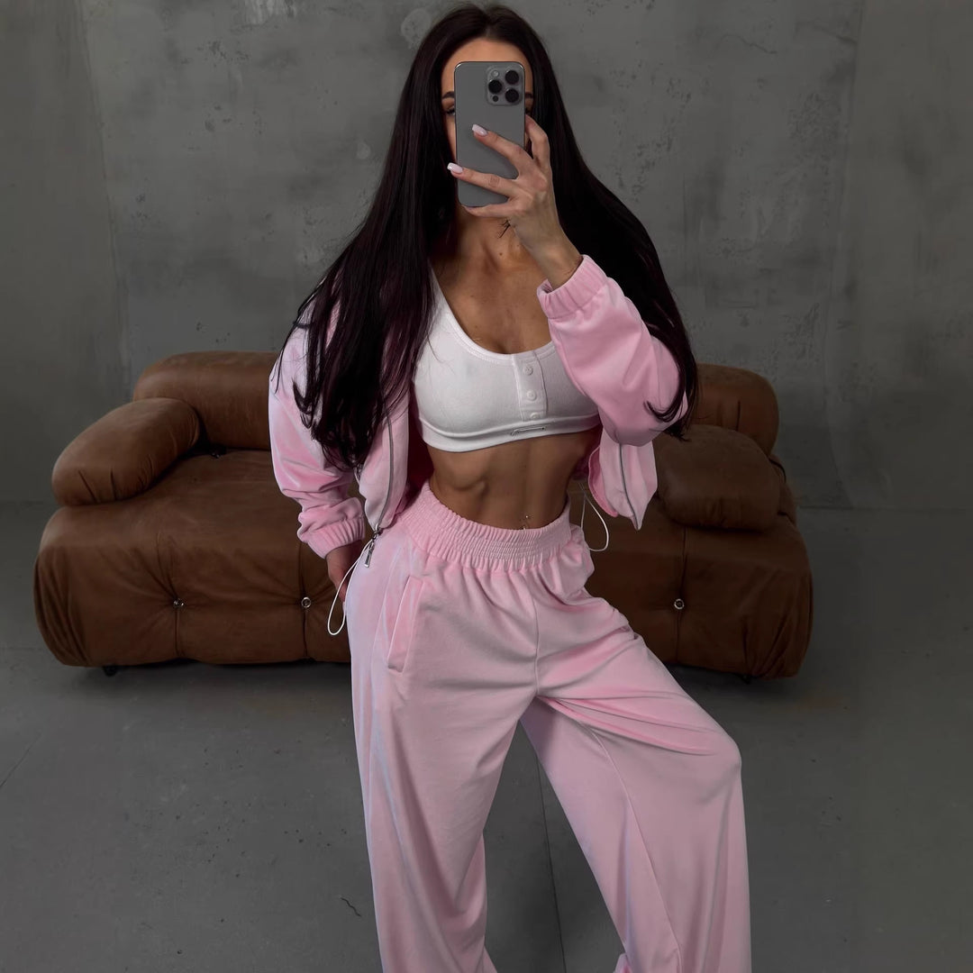 Damen weites Lounge-Set mit Cropped Zipjacke und High-Waist Relaxhose Drune