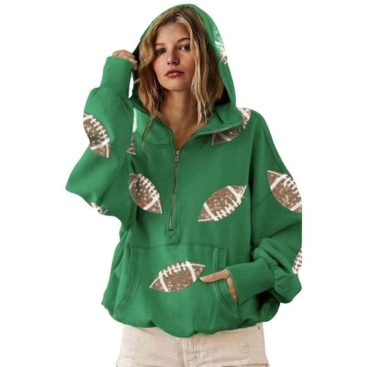 Damen Oversized Kapuzenpullover mit halbem Reißverschluss und Pailletten‑Football-Applikation Drune
