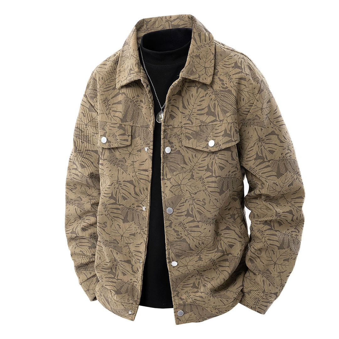 Herren Kordjacke im Truckerstil mit tonalem Blattmuster, Druckknopf‑Front und Pattentaschen Drune