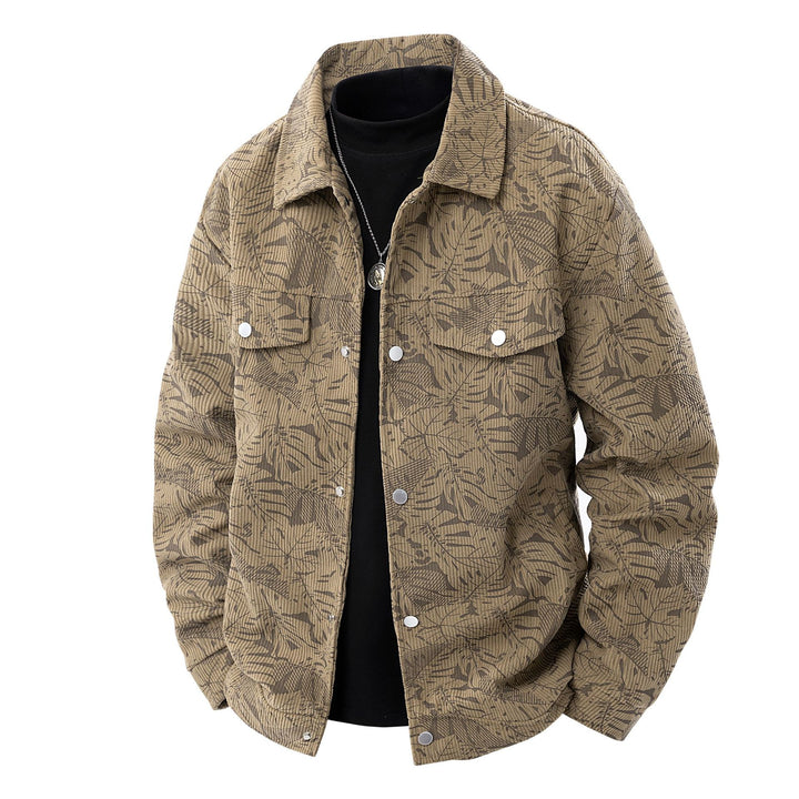 Herren Kordjacke im Truckerstil mit tonalem Blattmuster, Druckknopf‑Front und Pattentaschen Drune