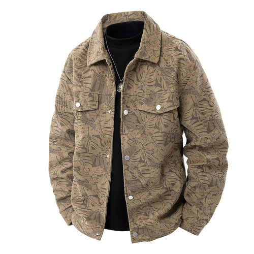Herren Kordjacke im Truckerstil mit tonalem Blattmuster, Druckknopf‑Front und Pattentaschen Drune