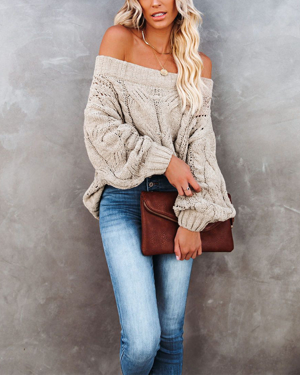 Damen Oversized Strickpullover mit weitem Ausschnitt und Rippdetails Drune