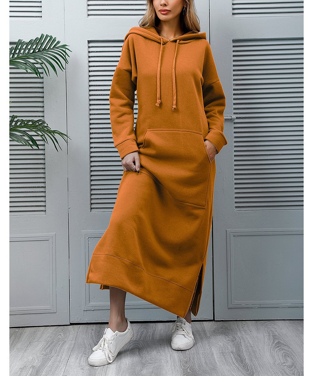 Damen nan langes Kapuzen-Sweatkleid mit Kängurutasche, Seitenschlitzen und lockerer Oversize-Passform Drune