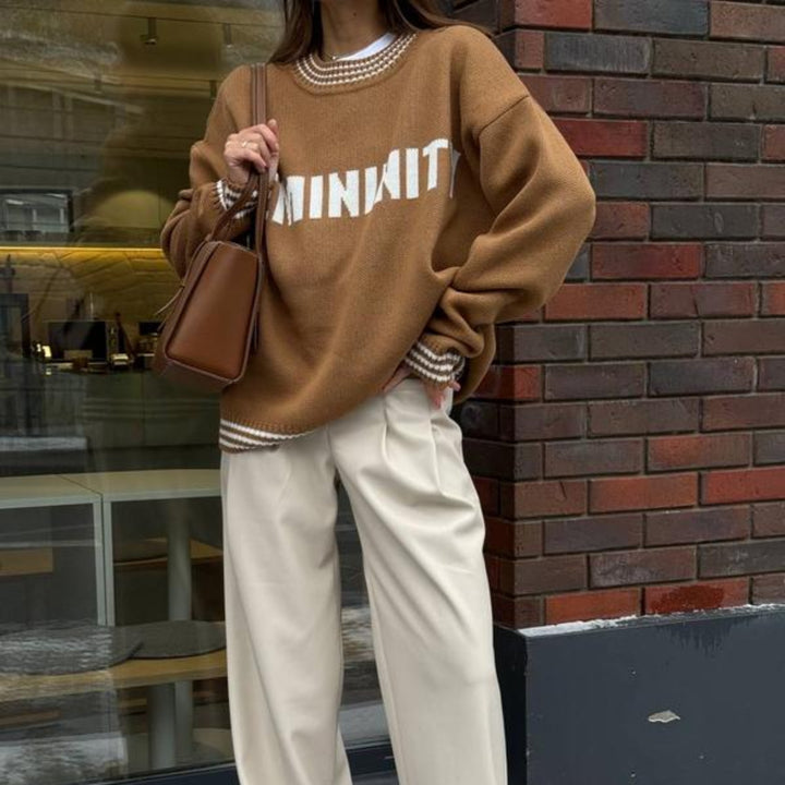Damen lässiger Sweatpullover mit modischem Schriftzug und gestreiften Bündchen