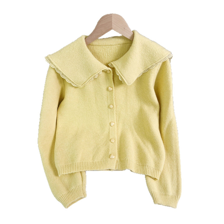 Damen niedliche Strickjacke mit großem Kragen und dekorativen Knopfdetails Drune