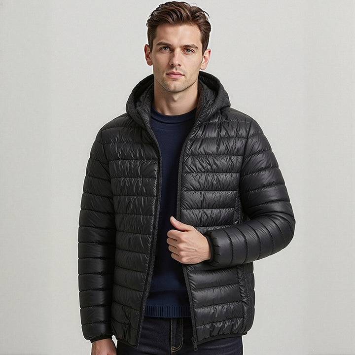 Herren Packbare Minimalistische Stepp-Kapuzenjacke mit wasserabweisender Außenlage & Thermofaser Drune