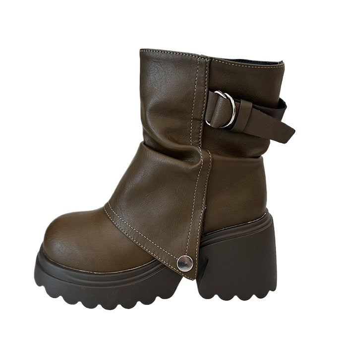 Damen modische Chunky-Boots mit dekorativem Riemen und stabiler Sohle Drune