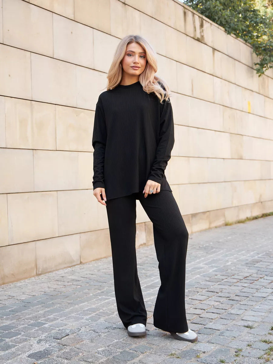 Damen lässiges Strick-Loungewear-Set mit Rippenstruktur und weitem Bein Drune