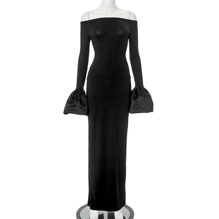 Damen Elegantes Langarm-Maxikleid mit Off-Shoulder-Ausschnitt und Rüschendetails Drune
