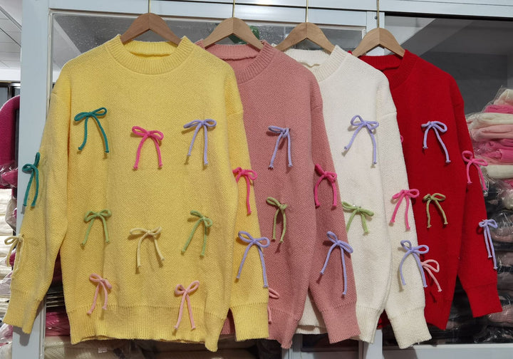Damen gemütlicher Pullover mit verspielten Schleifen-Applikationen Drune