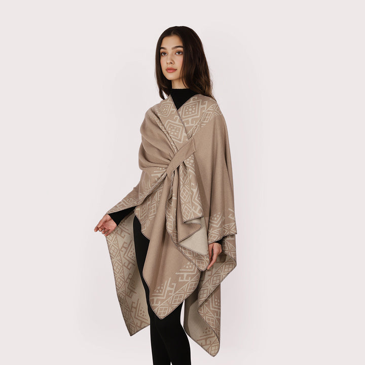 Damen Capeponcho mit Knotenverschluss, doppellagigem Jacquard und weichem Wollmix Drune