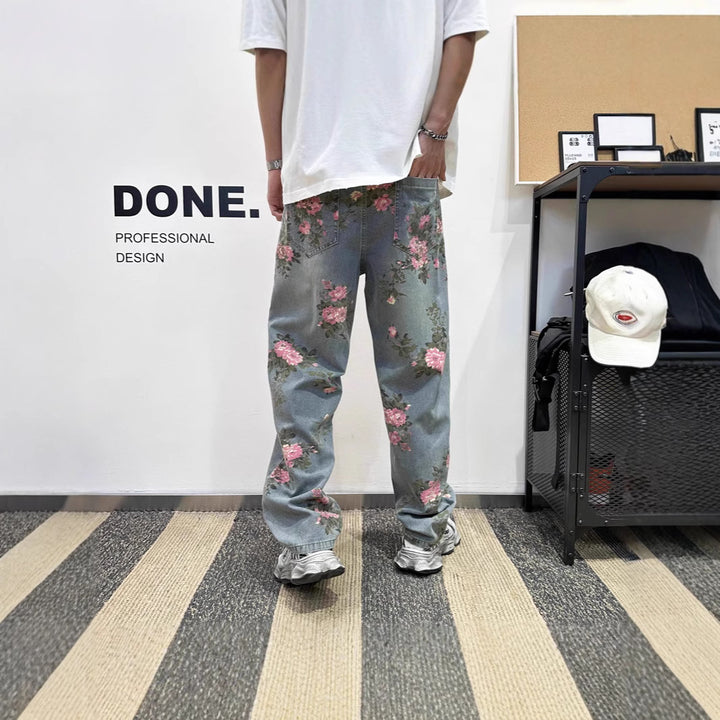 Damen Weitgeschnittene Blumen-Cargo-Jeans Drune