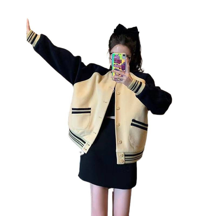 Damen Modisch Oversized Collegejacke mit Knopfverschluss und Kontraststreifen Drune