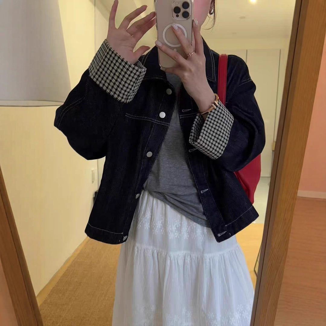 Damen Oversized Jeansjacke mit kontrastiertem Karo-Futter und Umschlagmanschetten Drune