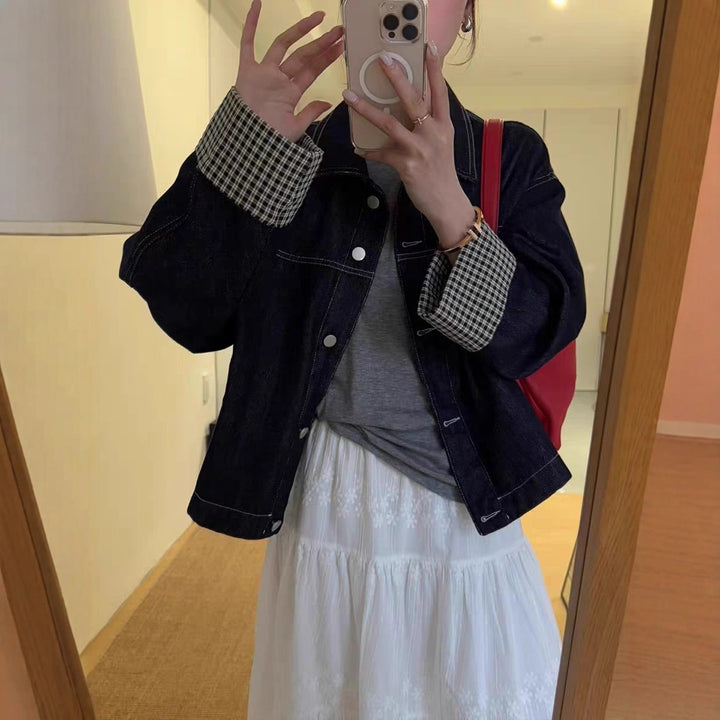 Damen Oversized Jeansjacke mit kontrastiertem Karo-Futter und Umschlagmanschetten Drune