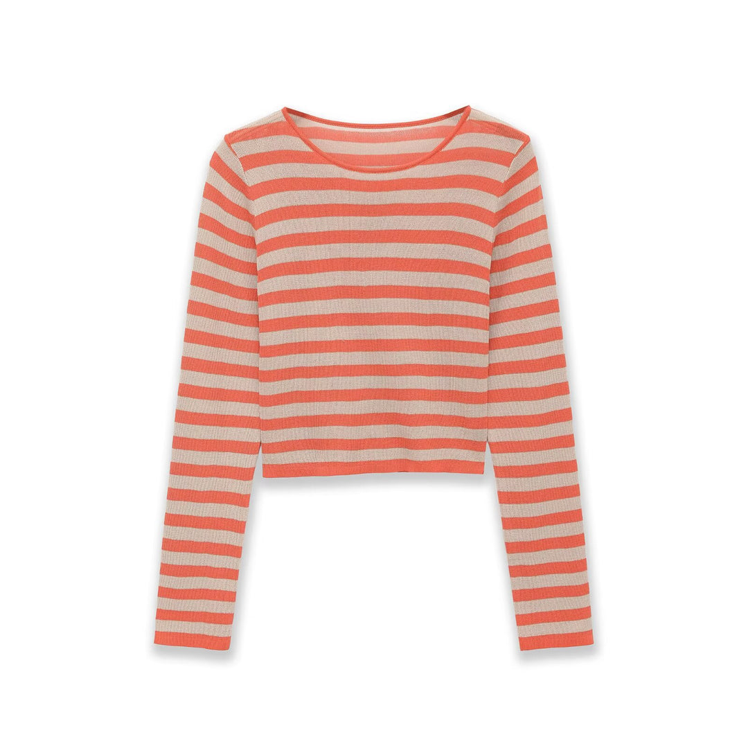 Damen Gestreifter Cropped Feinstrickpullover mit Rundhalsausschnitt Drune