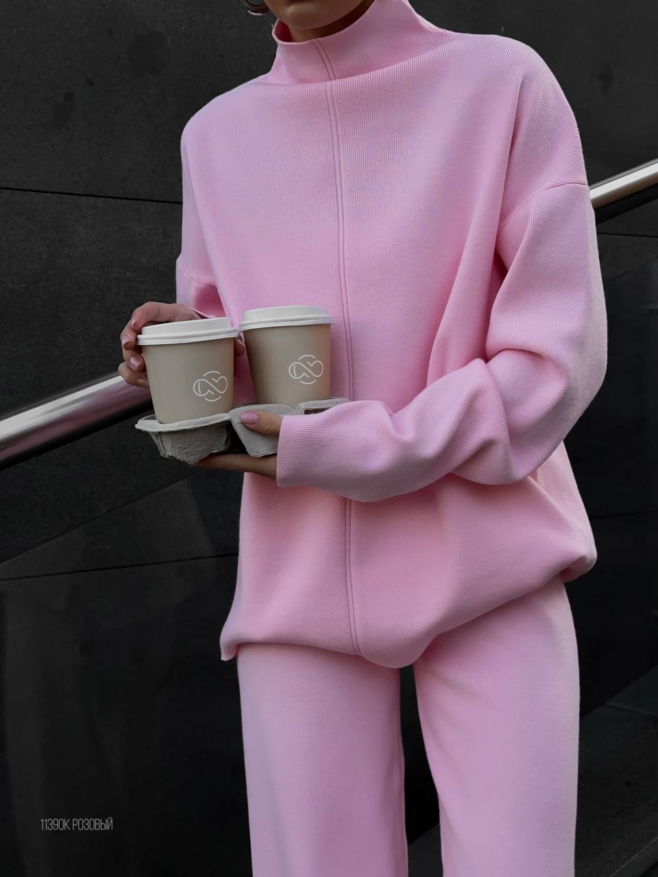 Damen lässiges Strickensemble mit hohem Kragen Drune