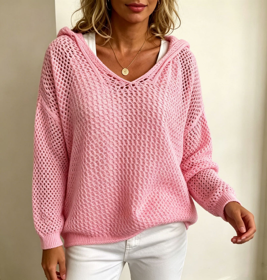Damen Grobgestrickter V-Ausschnitt-Pullover mit Kapuze und Lochmuster Drune