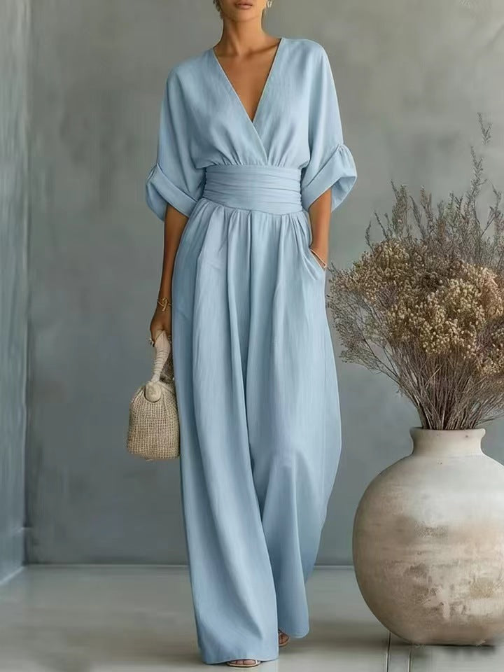 Damen Jumpsuit mit elegantem V-Ausschnitt und weitem Bein Drune