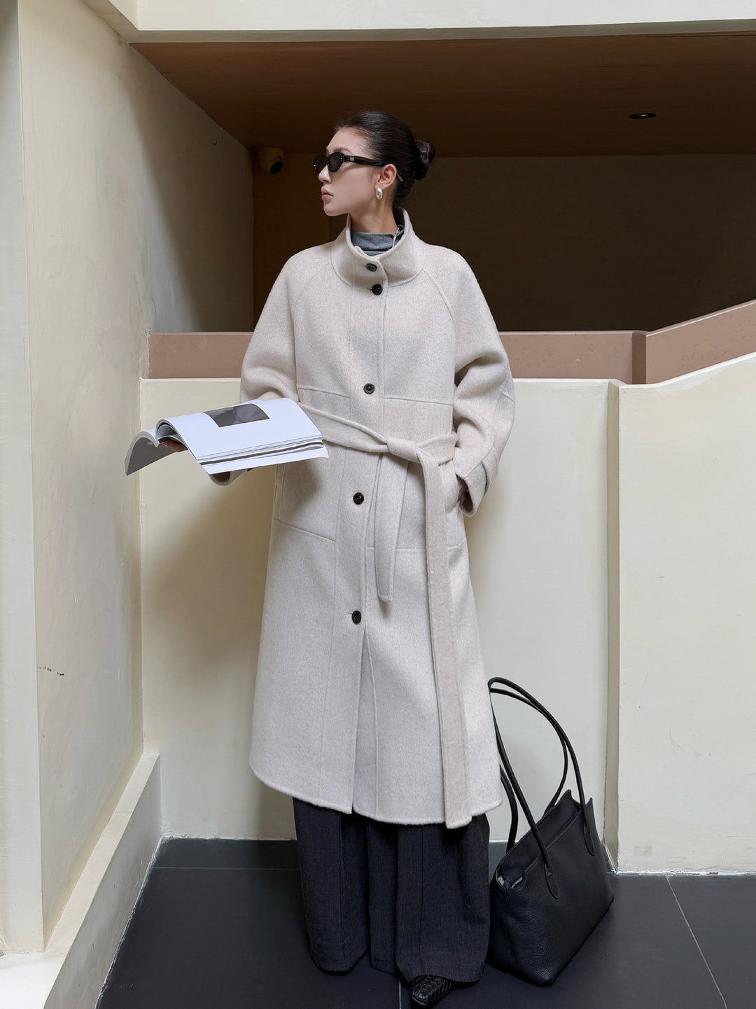 Damen Oversize Wollmantel mit Stehkragen und großen Pattentaschen Drune