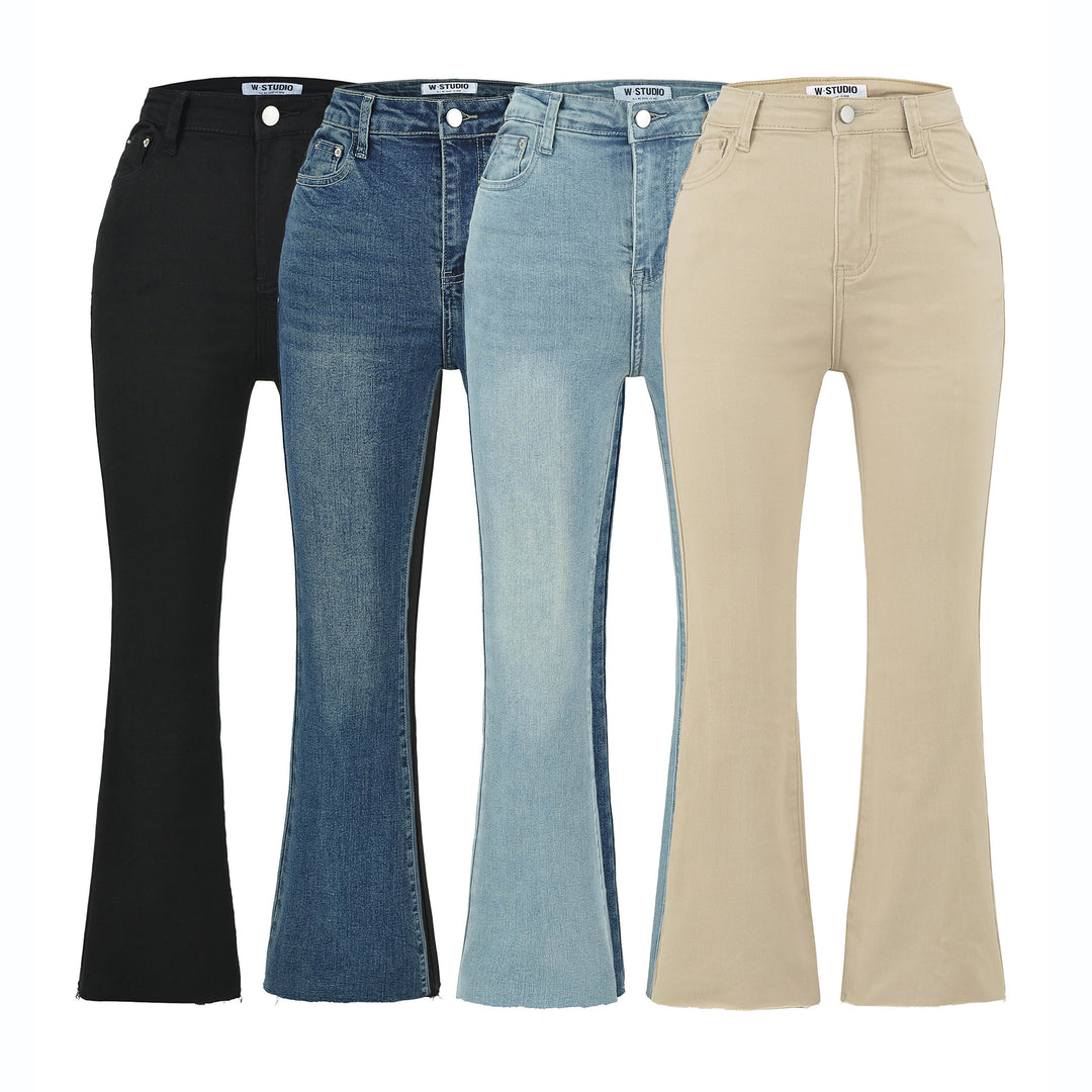 Damen Highwaist-Schlaghose aus Stretch-Denim mit fünf Taschen und rohem Saum Drune