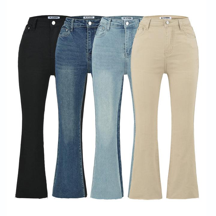 Damen Highwaist-Schlaghose aus Stretch-Denim mit fünf Taschen und rohem Saum Drune