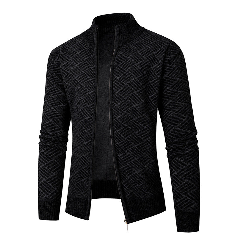 Herren Thermo-Strickjacke mit durchgehendem Reißverschluss, gefüttertem Stehkragen und geometrischem Strukturmuster Drune