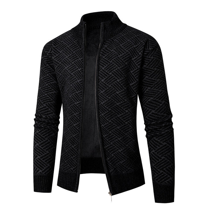 Herren Thermo-Strickjacke mit durchgehendem Reißverschluss, gefüttertem Stehkragen und geometrischem Strukturmuster Drune