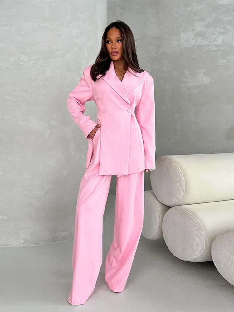 Damen Zweiteiliges Oversize-Anzugset mit Wickel-Blazer und weiten Palazzohosen Drune