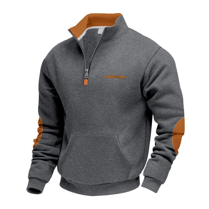 Herren nan Halbzip-Sweatpullover mit Stehkragen, Kängurutasche und Ellenbogenbesatz Drune