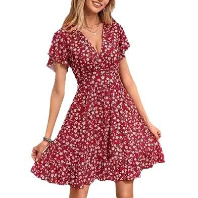 Damen V-Ausschnitt Kleid mit fließendem Rock und Rüschendetails Drune