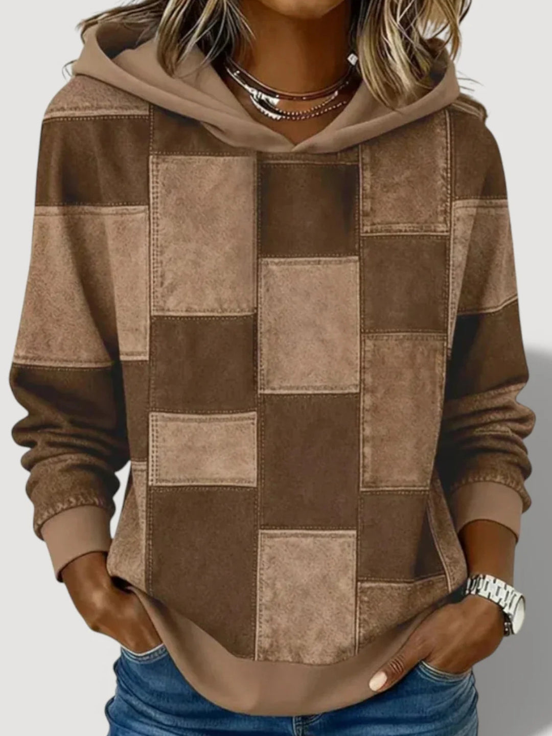 Damen Modischer Kapuzenpullover mit Patchwork-Design
