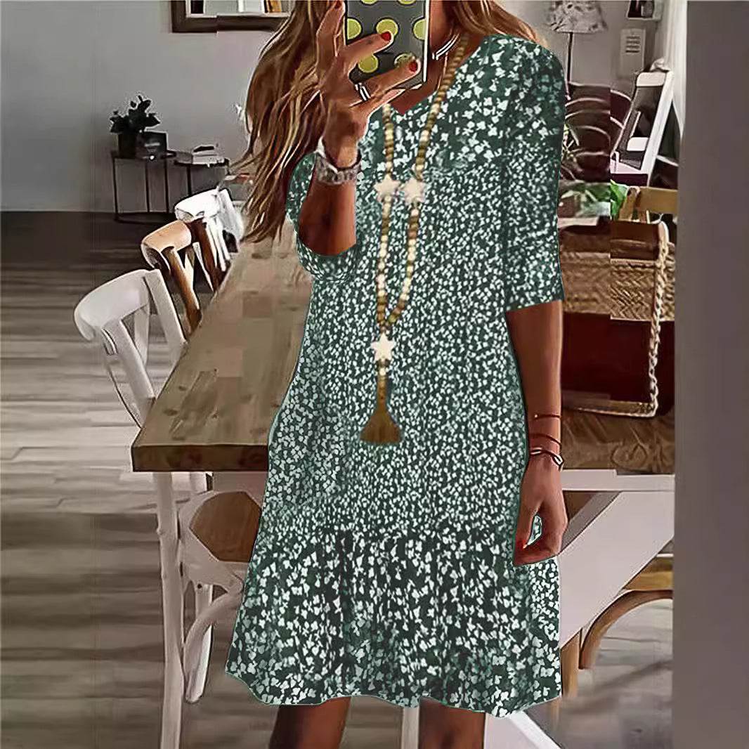 Damen Casual Midi Kleid mit Rüschensaum, Dreiviertelarm und Blumendruck Drune