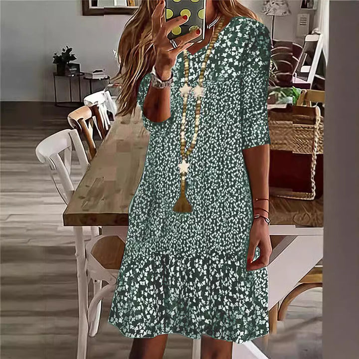 Damen Casual Midi Kleid mit Rüschensaum, Dreiviertelarm und Blumendruck Drune