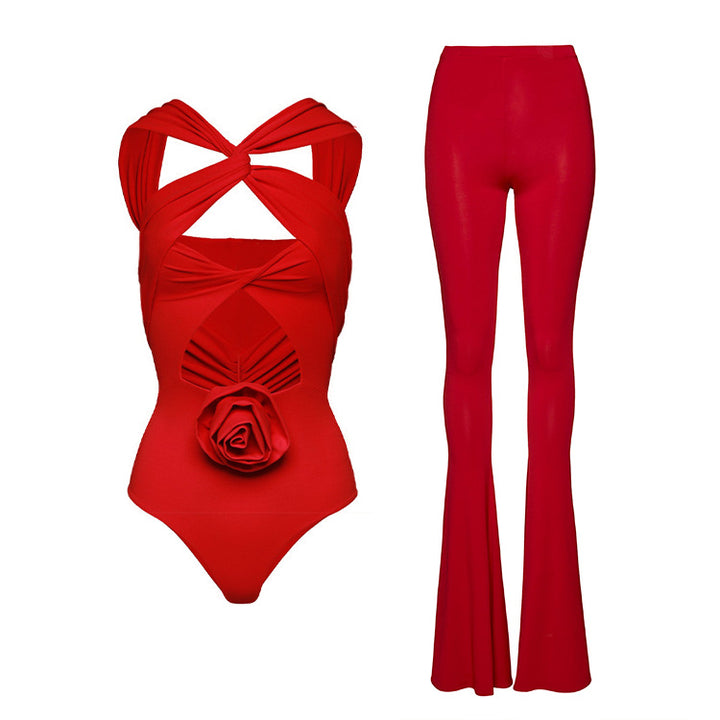 Damen Eleganter Rüschentop mit Blumenmotiven Drune