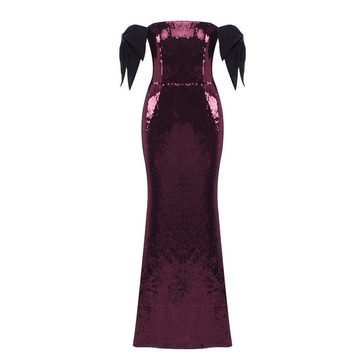 Damen Elegantes Pailletten-Maxikleid mit schulterfreiem Design und dekorativen Schleifen Drune