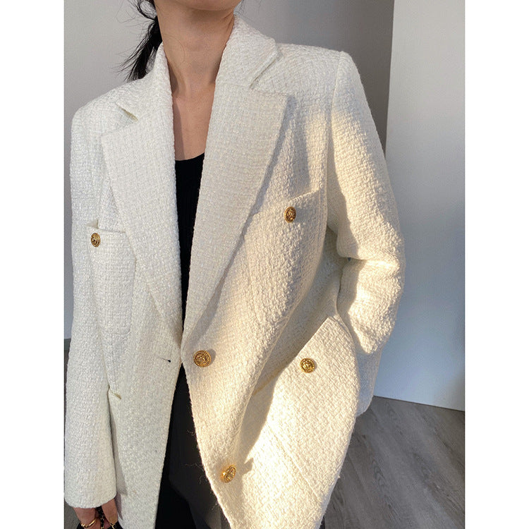 Damen Eleganter Tweed Blazer mit goldenen Knöpfen Drune