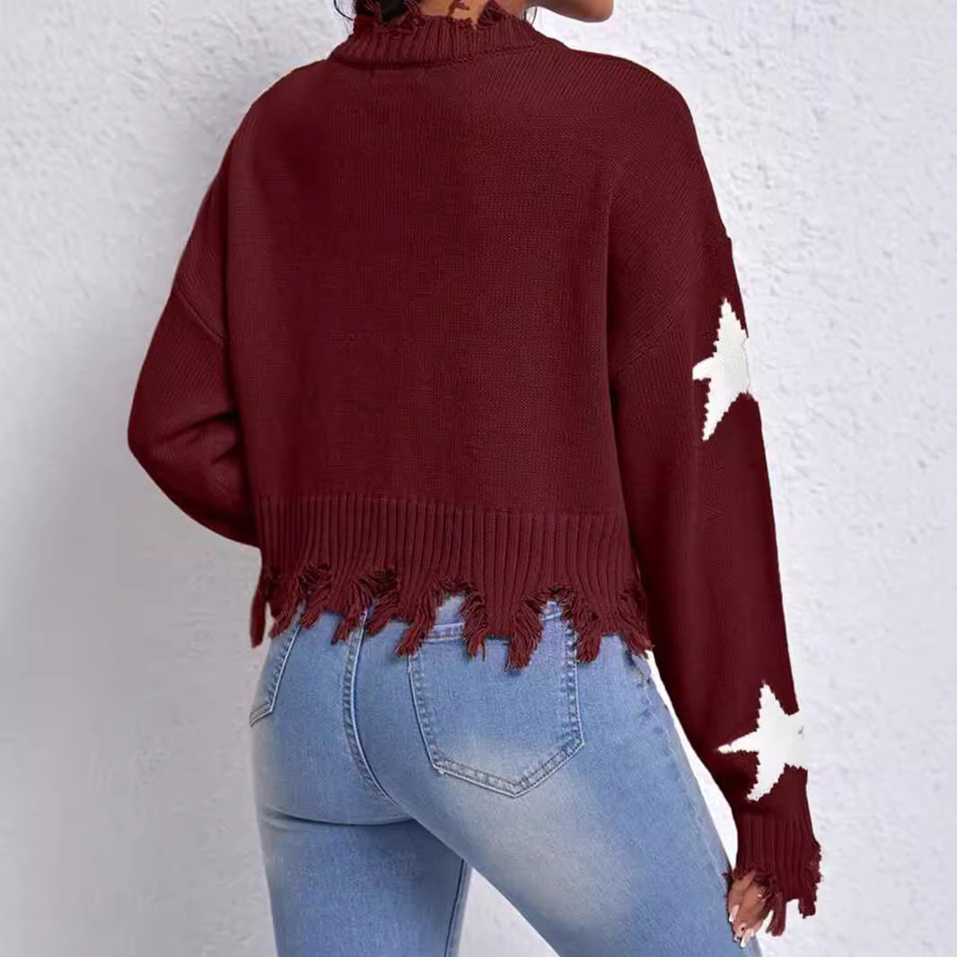 Damen modischer Sweatpullover mit Sternenmotiv und ausgefranstem Saum Drune