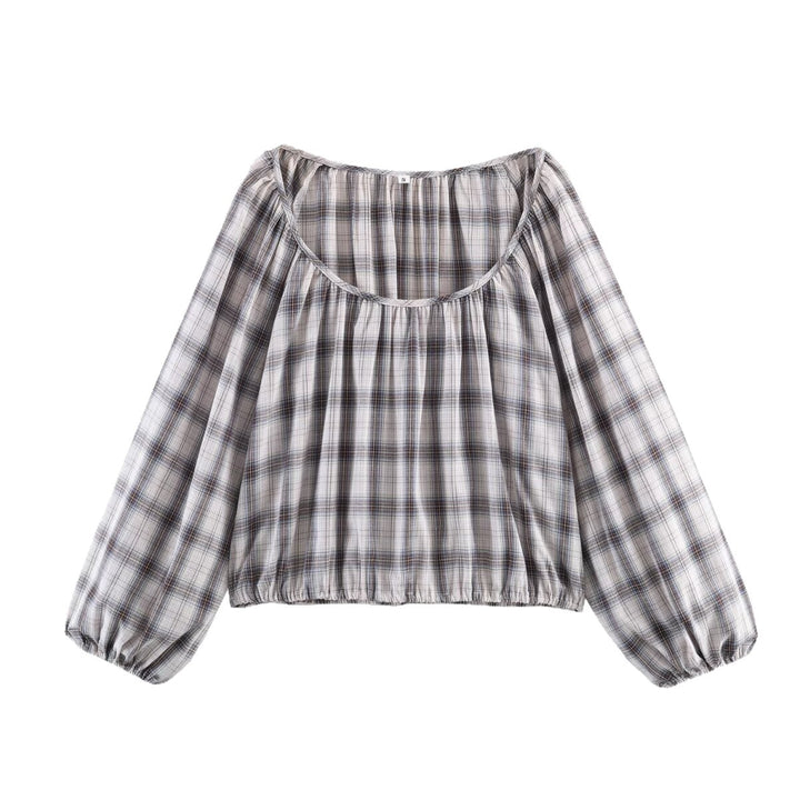 Damen Karierte Carmen‑Bluse mit weitem Ausschnitt, Ballonärmeln und elastischem Saum Drune