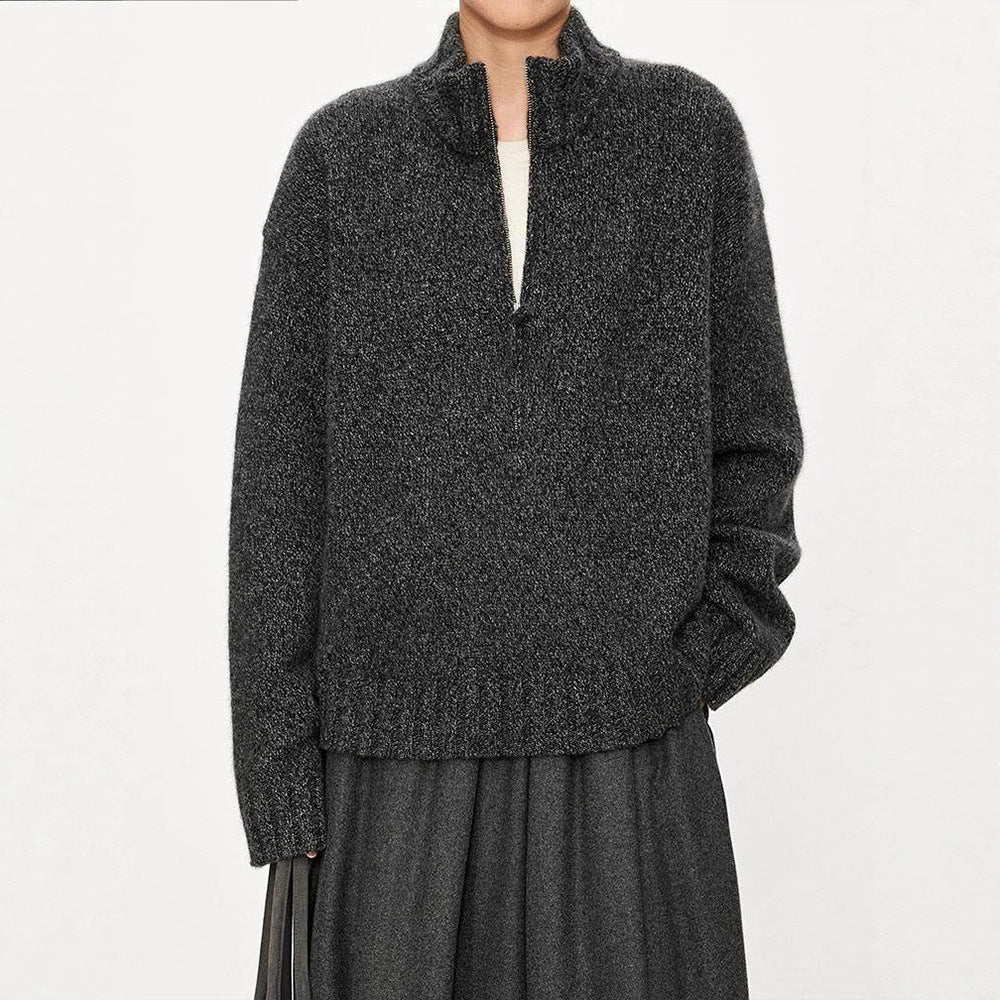 Damen Grobstrickpullover mit hohem Kragen und halber Reißverschluss Drune