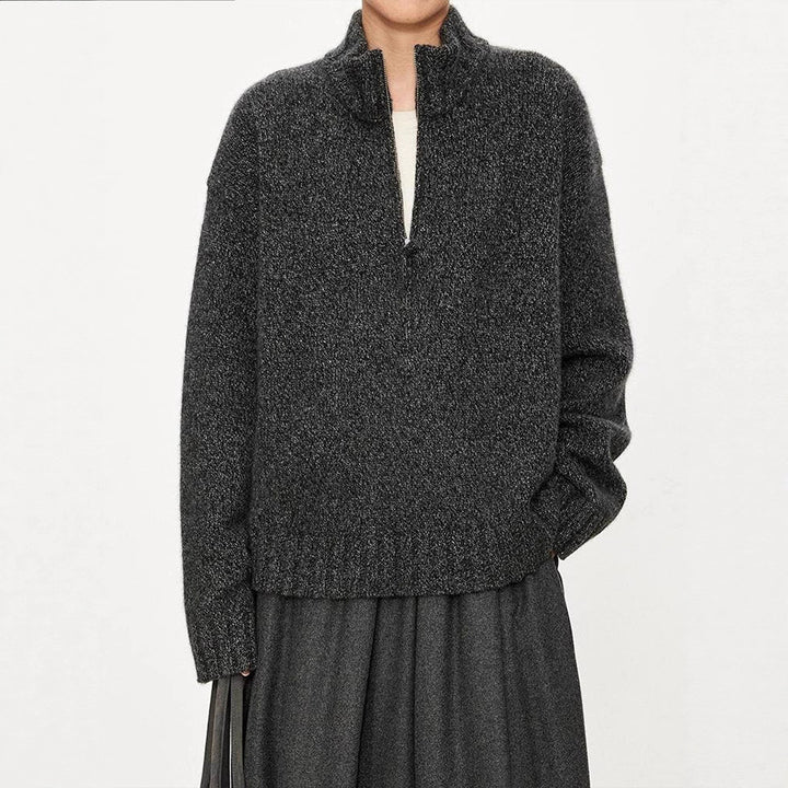 Damen Grobstrickpullover mit hohem Kragen und halber Reißverschluss Drune