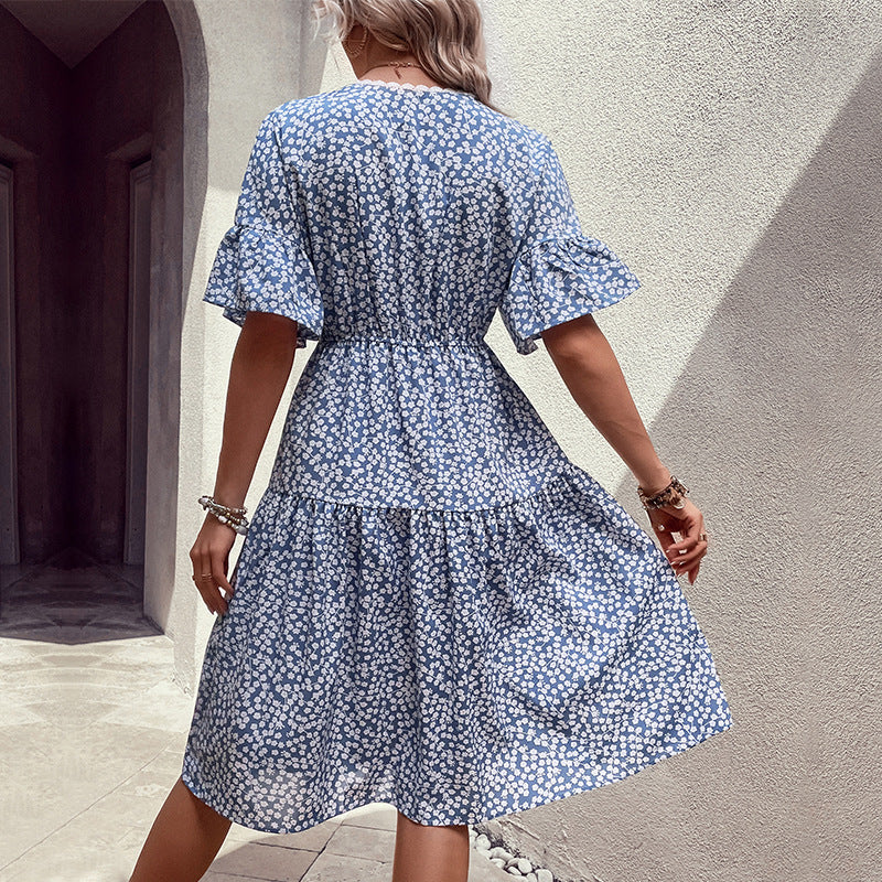 Damen lässiges Sommerkleid mit Taillenknoten und voluminösem Rock Drune