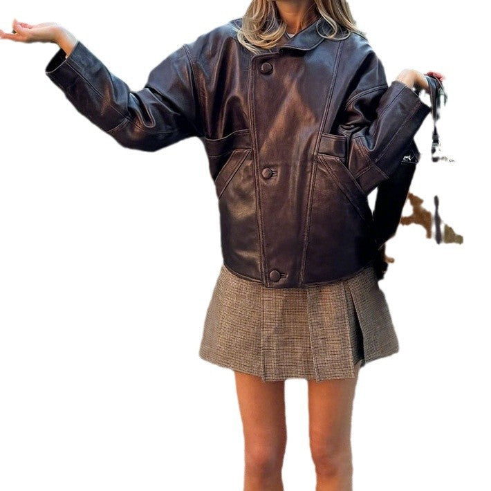 Damen Kurz geschnittene Oversize-Lederjacke mit Rundkragen und Pattentaschen Drune