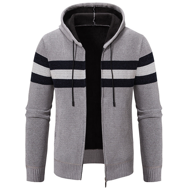 Herren Kapuzen-Strickjacke mit durchgehendem Reißverschluss, Kontraststreifen und Eingrifftaschen Drune