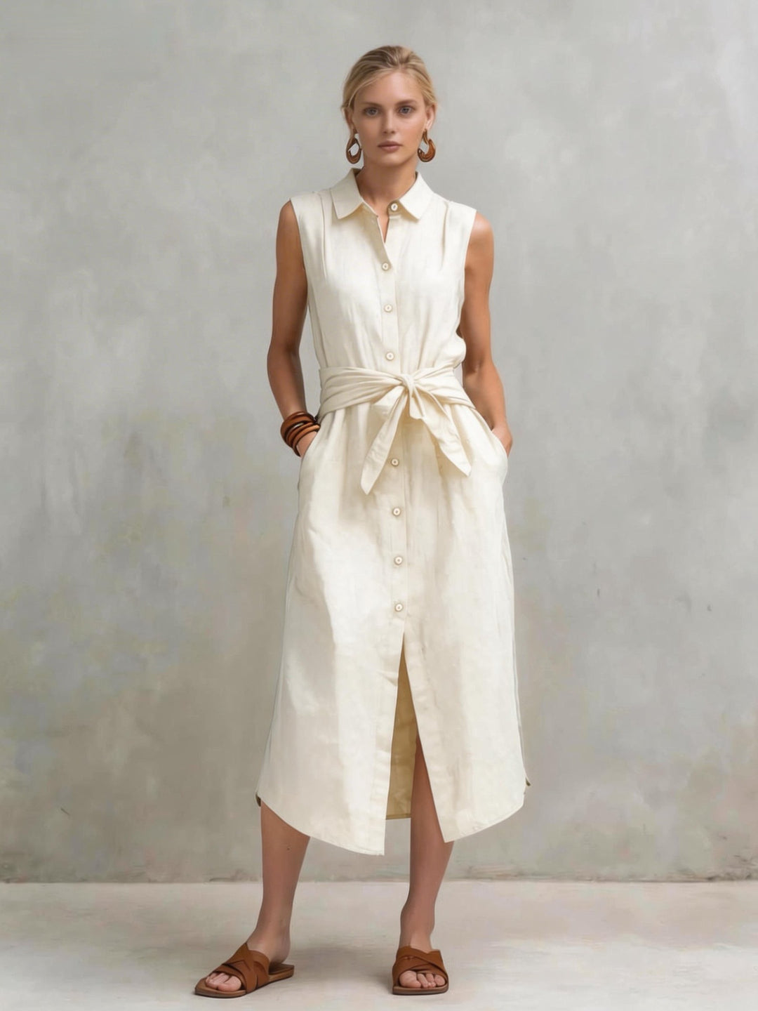 Damen Ärmelloses Hemdblusenkleid mit Wickelbund und Eingrifftaschen