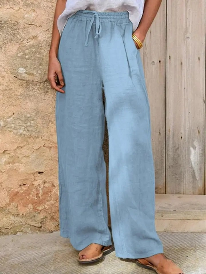 Damen Hochgeschnittene Leinenpalazzo-Hose mit Kordelzug und weitem Bein Drune