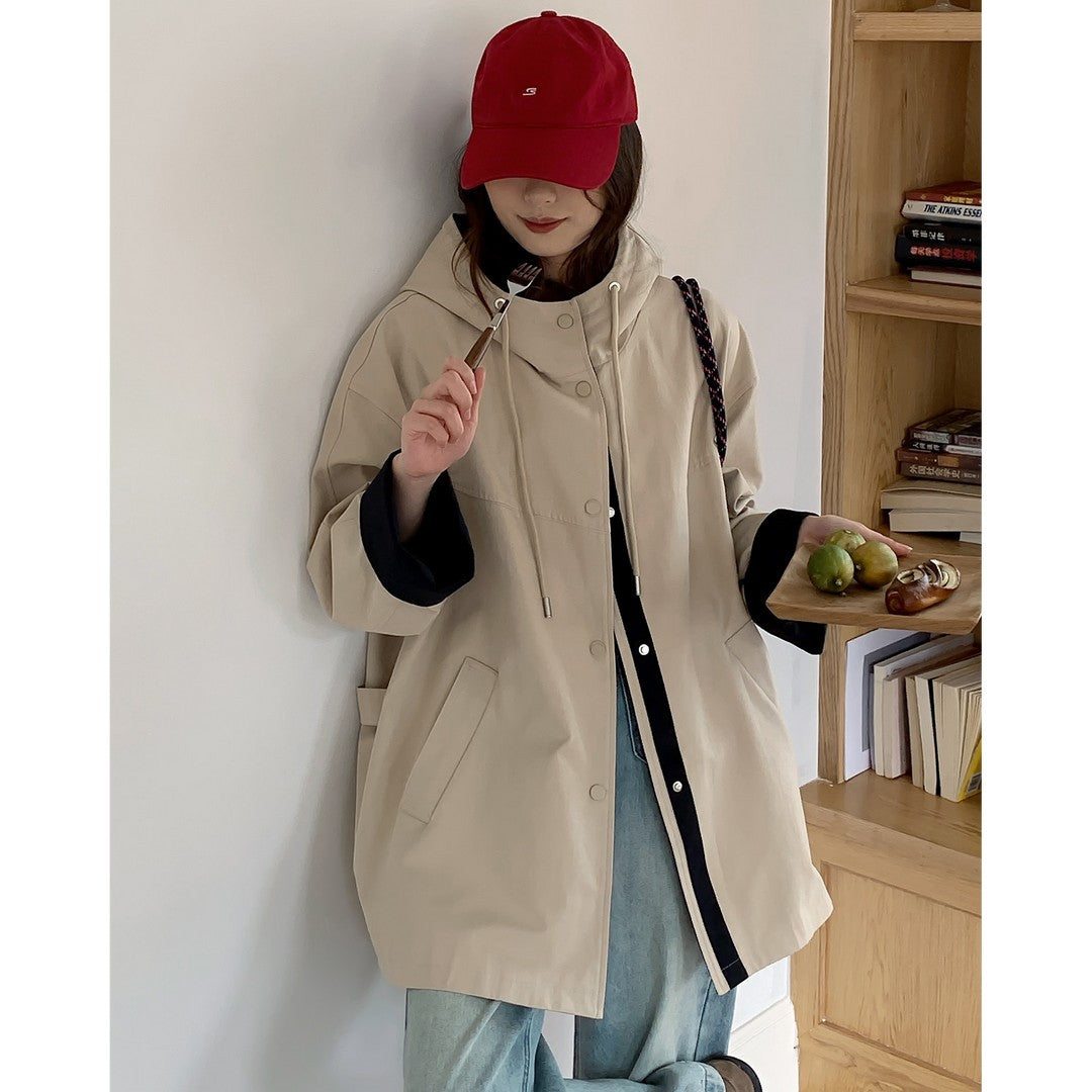 Damen Oversize Kapuzenjacke mit kontrastiertem Saum und Druckknopfleiste Drune